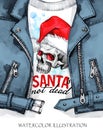 Watercolor illustration. Hand painted leather jacket with skull in Santa hat. Words Santa is not dead. Rock style girl