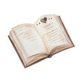 Watercolor illustration hand painted open book, notebook, sketch book with scribbling, text inside and heart isolated on white Royalty Free Stock Photo