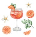 Watercolor illustration of hand painted orange cocktail in glass with slice of orange fruit, green leaves, flowers, cubical ice