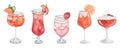 Watercolor illustration of hand painted orange, red, pink cocktails in glass with fruits, berries. Aperol spritz, sex on the beach