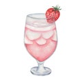 Watercolor illustration of hand painted pink cocktail in glass with red strawberry berry, cubical ice, foam. Alcohol beverage