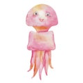 Watercolor illustration of hand painted pink jellyfish. Cartoon character fish with face, smile. Sea animal creature, ocean life Royalty Free Stock Photo