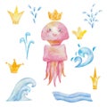 Watercolor illustration of hand painted pink jellyfish, golden crowns, splash of water, waves. Cartoon sea animal creature