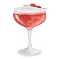 Watercolor illustration of hand painted red cocktail in glass with raspberry, whipped cream. Isolated clip art of goblet Royalty Free Stock Photo