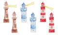 Watercolor illustration of hand painted red, white, blue, brown lighthouse, beacon for ship, vessel, boat at sea and ocean. Royalty Free Stock Photo