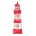 Watercolor illustration of hand painted red and white lighthouse, beacon for ship, vessel, boat at sea and ocean Royalty Free Stock Photo