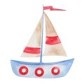 Watercolor illustration of hand painted sailing ship blue, beige and red with sails and flag. Marine toy boat Royalty Free Stock Photo