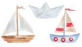 Watercolor illustration of hand painted sailing vessel wooden, blue, beige and red with sails and flag. Folded origami paper ship Royalty Free Stock Photo