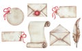 Watercolor illustration hand painted scrolled old parchment, envelop with wax, quill, labels, tags for post