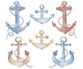 Watercolor illustration of hand painted set of blue, brown anchors with ropes, chain for ship, vessel, boat sea