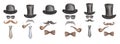 Watercolor illustration. Hand painted set of gentlemen. Men silhouettes from glasses, moustaches, black bowler, top hat, bow tie