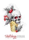 Watercolor illustration. Hand painted waffle cone with skull. Funny ice cream dessert. Christmas, New Year symbol.