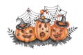 Watercolor illustration of hand painted witch hats on carved jake-o-lantern pumpkins in black and orange colors with leaves Royalty Free Stock Photo