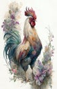 Watercolor illustration of a handsome free range rooster.