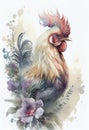 Watercolor illustration of a handsome free range rooster.