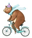 Watercolor illustration of a happy brown bear on a bicycle.