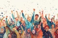 Watercolor illustration of a Happy crowd people rising up. Generative Ai. Concert, festival, music and party concept