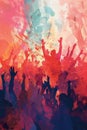 Watercolor illustration of a Happy crowd people rising up. Generative Ai. Concert, festival, music and party concept