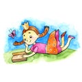 Watercolor illustration. Happy cute little kid girl princess reading study learn. Character story book school