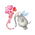 Watercolor illustration of a happy elephant with wings and hearts being poured from its trunk.