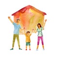 Watercolor illustration of a happy family in front of their home