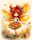 Happy smiling fairy portrait, watercolor illustration, bright sunny colors