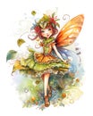 Happy smiling fairy portrait, watercolor illustration, bright sunny colors