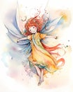 Happy smiling fairy portrait, watercolor illustration, bright sunny colors