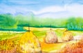 Watercolor illustration of a haystack. In the foreground yellow spikelets of grass in the background green forest