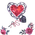 Watercolor illustration of heart shaped chain, ruby crystal in red colored gemstone with lock and key on ribbon, and Royalty Free Stock Photo