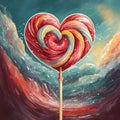 Watercolor illustration of heart shaped lollipop on a stick. Valentine\'s day concept.