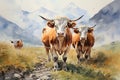 watercolor illustration of a herd of cows grazing in the mountains