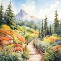 Watercolor Illustration Of Highline Trail: A Beautiful Forest Landscape