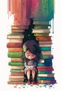 Watercolor illustration. Home education, lessons, a bright girl hiding in books