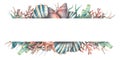 Watercolor illustration of a horizontal banner with shells, corals, seahorse, starfish, algae. For the design and Royalty Free Stock Photo