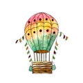 Watercolor Illustration Of A Hot Air Balloon In Vintage Sketch Style.