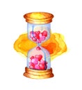 Watercolor illustration of an hourglass with pink and red hearts inside. Clock on a yellow watercolor substrate.