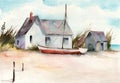 Watercolor illustration of a house and a boat Royalty Free Stock Photo