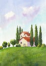 Watercolor illustration of a house, cypress trees, countryside landscape with green grass and blue sky with clouds Royalty Free Stock Photo