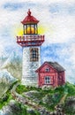 watercolor illustration of a house with a lighthouse Royalty Free Stock Photo