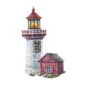watercolor illustration of a house with a lighthouse on white background Royalty Free Stock Photo