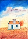 Watercolor illustration of a house with a red tiled roof in a field with tall grass Royalty Free Stock Photo