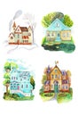 Watercolor illustration, houses. Cartoon style of illustration. Touristic postcard. Hand drawn style.