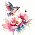 Watercolor illustration of a hummingbird and flowers on a white background Generative AI Royalty Free Stock Photo