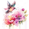 Watercolor illustration of a hummingbird flying over a pink rose. Generative AI