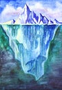 Watercolor illustration of the iceberg as a whole, its top and underwater