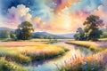 Watercolor Illustration of an Idyllic Summer Scene - Warm Golden Sunlight Bathing a Tranquil Meadow Royalty Free Stock Photo