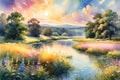 Watercolor Illustration of an Idyllic Summer Scene - Warm Golden Sunlight Bathing a Tranquil Meadow Royalty Free Stock Photo