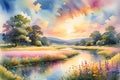 Watercolor Illustration of an Idyllic Summer Scene - Warm Golden Sunlight Bathing a Tranquil Meadow Royalty Free Stock Photo