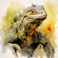 Watercolor illustration of a iguana on a background of watercolors AI generated Generative AI